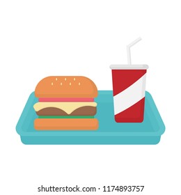 burger and cup of sparkling water on food tray