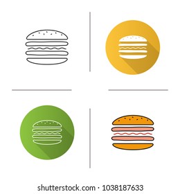 Burger cutaway icon. Flat design, linear and color styles. Sandwich. Hamburger assembly. Isolated vector illustrations