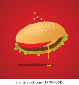 Burger -Cute adorable cartoon fast food burger isolated on red background with melting cheese.