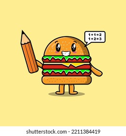 Burger cute cartoon clever student with pencil style design in flat modern style design