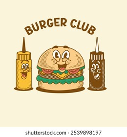 Burger lindo Vector de dibujos animados retro dibujado a mano lindo Vector de dibujos animados retro dibujado a mano