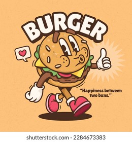 Burger Cute Trendy Retro Cartoon Vector Hand Drawn 