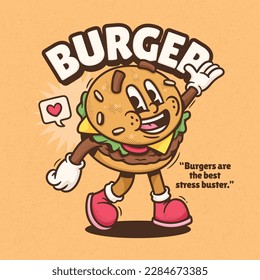 Burger Cute Trendy Retro Cartoon Vector Hand Drawn 