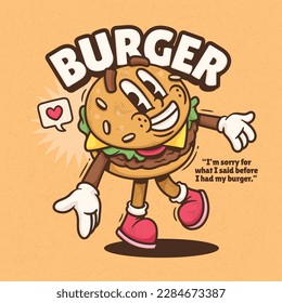 Burger Cute Trendy Retro Cartoon Vector Hand Drawn 