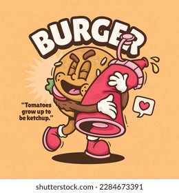 Mano del vector de caricaturas retro de moda burger Cute 