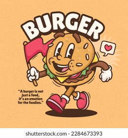 Burger Cute Trendy Retro Cartoon Vector Hand Drawn 