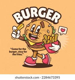 Burger Cute Trendy Retro Cartoon Vector Hand Drawn 