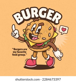 Burger Cute Trendy Retro Cartoon Vector Hand Drawn 