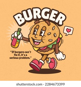 Burger Cute Trendy Retro Cartoon Vector Hand Drawn 