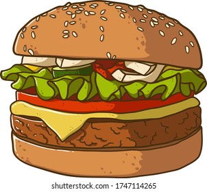 Burger with cutlet, cheese, lettuce and tomatoes.