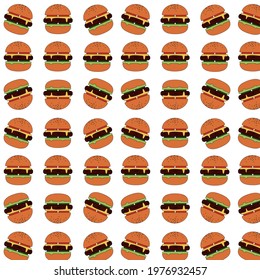 Burger with cutlet, cheese, tomatoes, cucumbers and herbs, sprinkled with sesame seeds. Vekton graphic with black outline, patter set concept, background for cafe or diner, fast food menu