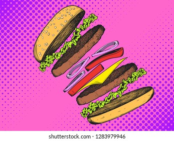Burger with cutlet, salad, cheese, tomato, onion. Pop Art vintage vector illustration
