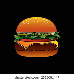 Burger with cutlet, tomatoes and herbs. Original vector illustration in vintage style. T-shirt design. Hand drawn, not AI