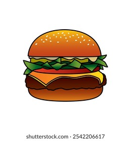 Burger with cutlet, tomatoes and herbs. Original vector illustration in vintage style. T-shirt design. Hand drawn, not AI