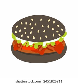 Hamburguesa con pan oscuro, chuleta de ternera, tocino cortado, ketchup, salsa de mayo, rodajas de tomate fresco y hoja de ensalada. Icono en estilo plano de dibujos animados. Ilustración vectorial aislada sobre fondo blanco. Para el menú, poster.