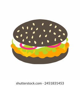 Burger with dark bun, chicken cutlet, lettuce leaf, sauce, bacon, cheese, onion. Flat icon in cartoon style. Vector illustration isolated on white background. For menu, poster, infographic, restaurant svg