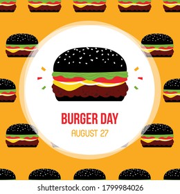 Burger Day vector card, illustration with cute cartoon black burger seamless pattern background.