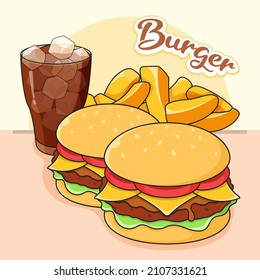 Burger delicious american food illustration vector. (Hamburger, French Fries and Cola Drink)