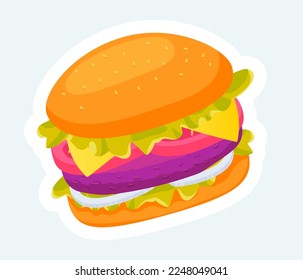 Burger with delicious fillings. Fast food and takeaway. Vector illustration in cartoon sticker design