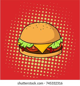 Burger Delicious Hamburger Junk Food Pop Art Vector Design Illustration