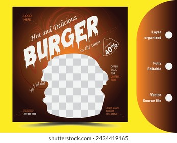  Burger and delicious social media marketing banner post. Fast food social media post design vector. High resolution.