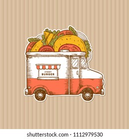 Burger delivery design template. Classic food truck with festival food. Vector illustration