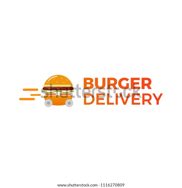 Burger delivery. Fast hamburger car.\
Logotype for restaurant or cafe . Vector\
illustration