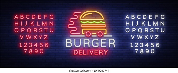 Burger delivery logo in neon style. Neon sign, light banner, design template, night neon advertising food delivery. Vector illustration. Editing text neon sign