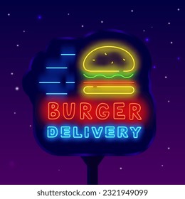 Burger delivery neon street billboard. Glowing outdoor advertising. Gamburger icon. Catering service. Shiny sign. Cafe and restaurant menu transportation. Editing text. Vector stock illustration