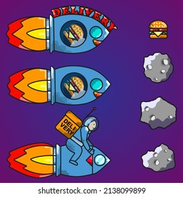 Burger delivery set on a rocket in space with an asteroid. Flat vector illustration