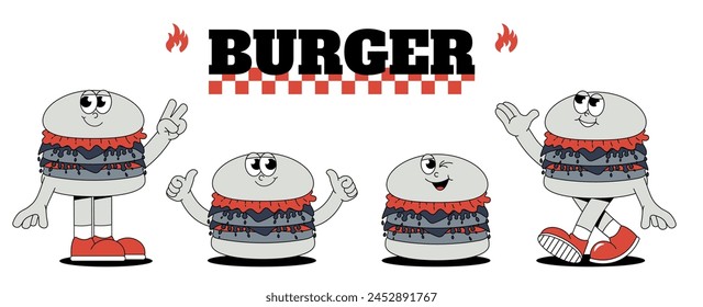A Burger delivery set in the trendy retro groovy style. Funky hamburger characters stickers. Cool maskot for cafe, bar, restaurant. Vector art