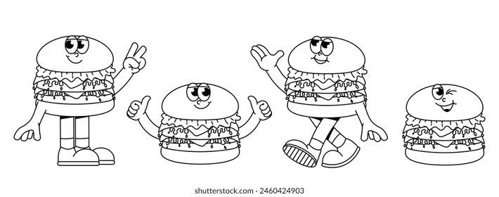 A Burger delivery set in the trendy retro groovy style. Funky hamburger characters stickers. Cool maskot for cafe, bar, restaurant. Black and white monochrome colors