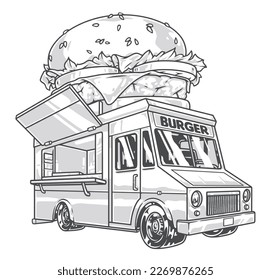 Burger delivery truck monochrome sticker with restaurant on wheels for festival with catering or sandwich delivery vector illustration