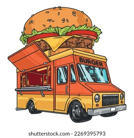 Burger delivery truck sticker colorful with giant cheeseburger on car with open counter for fast food advertising vector illustration