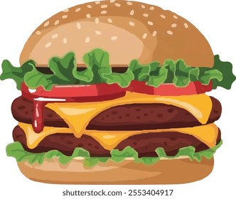 Burger Design on white background, Illustration of stylized hamburger or cheeseburger. Fast food meal.