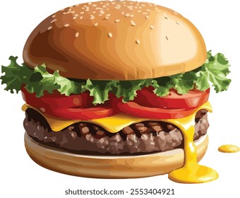 Burger Design on white background, Illustration of stylized hamburger or cheeseburger. Fast food meal.