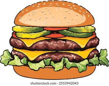 Burger Design on white background, Illustration of stylized hamburger or cheeseburger. Fast food meal.