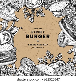 Burger design template. Linear graphic. Snack collection. Junk food. Engraved illustration. Vector illustration