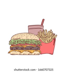 Diseño de la hamburguesa del vector. Estilo de ilustración de Doodle. 