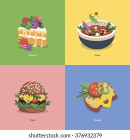 Burger dessert soup toast. Vector color flat illustrations