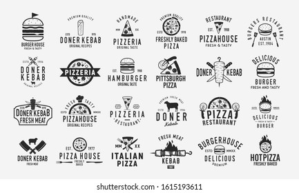 Burger, Doner Kebab and Pizza logo set. Set of 24 vintage logo templates for Fast Food Restaurant. Pizza, Burger and Kebab silhouettes. Vintage typography. Vector food labels, emblems ,posters. 