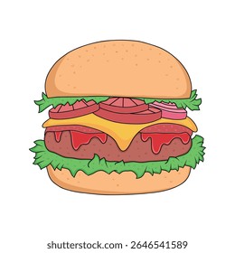 burger doodle vetor de cor de carne dupla