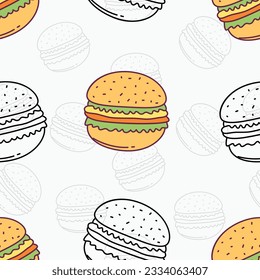 Burger doodle hand drawn seamless pattern vector illustration