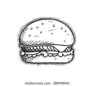 Burger Doodle, a hand drawn vector doodle illustration of a hamburger.