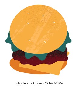 Burger doodle illustration with textured effect, vector illustration isolated on white background. Hamburger with cheese lettuce, beef patty, tasty cheeseburger