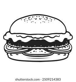 burger doodle line vector illustration. Fast food object. Hand drawn black and white.