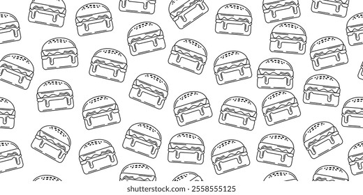 Burger doodle seamless pattern. Cheeseburger line art motif for packaging, menu, fast food fabric