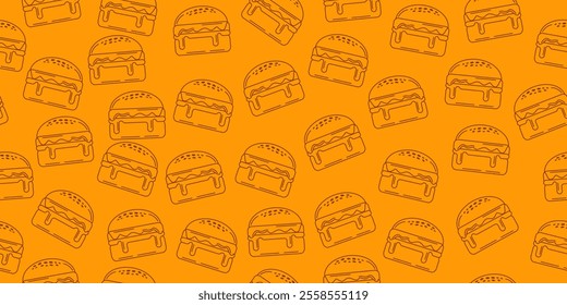 Burger doodle seamless pattern. Melted cheeseburger line art motif for packaging, menu, fast food fabric