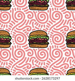 Burger and doodle seamless pattern for sticker, postcard, wallpaper, mural, fabric, prints, etc