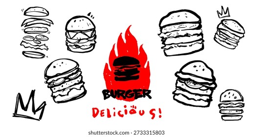 Burger doodle set with crown and flame elements. Street art style illustration of hamburger ingredients and crown of burger concept for restaurant logo and food branding.